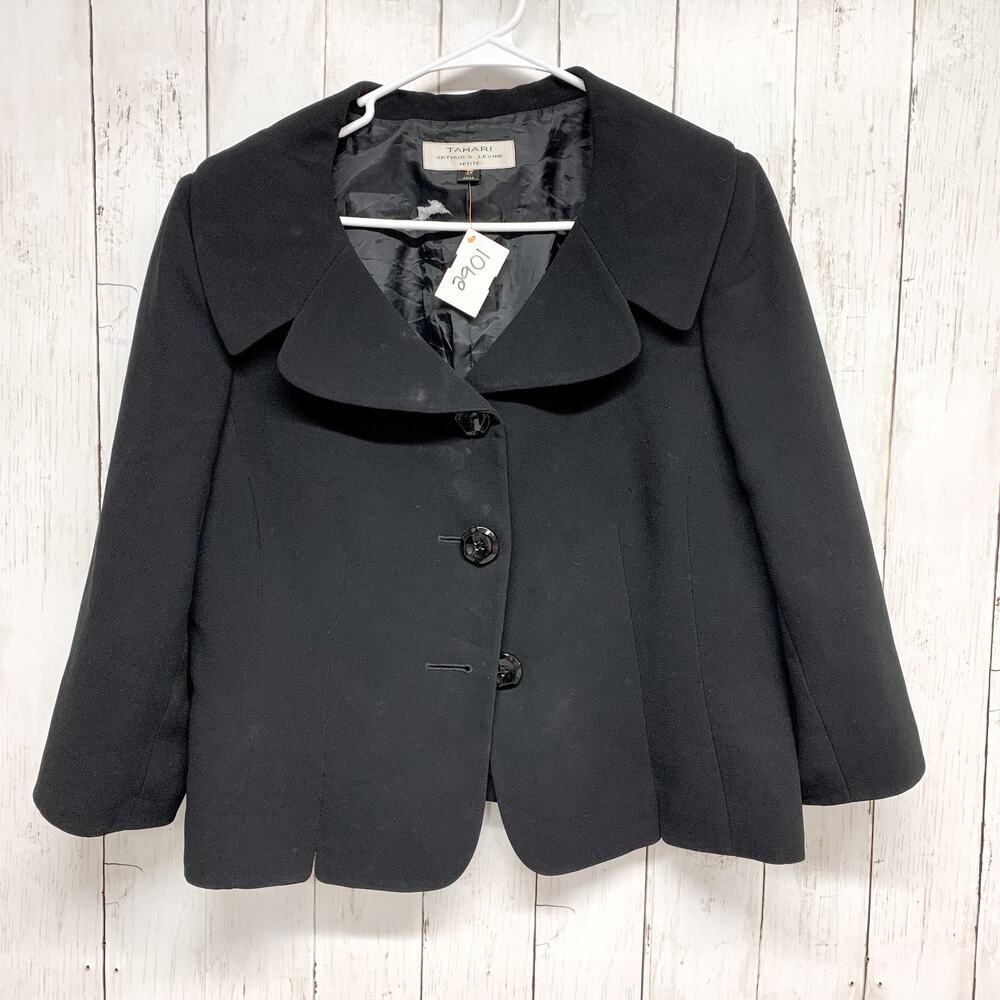 Vintage Tahari Petite Jacket Women Sz 12P Black Collared Button‎ Down Short Coat